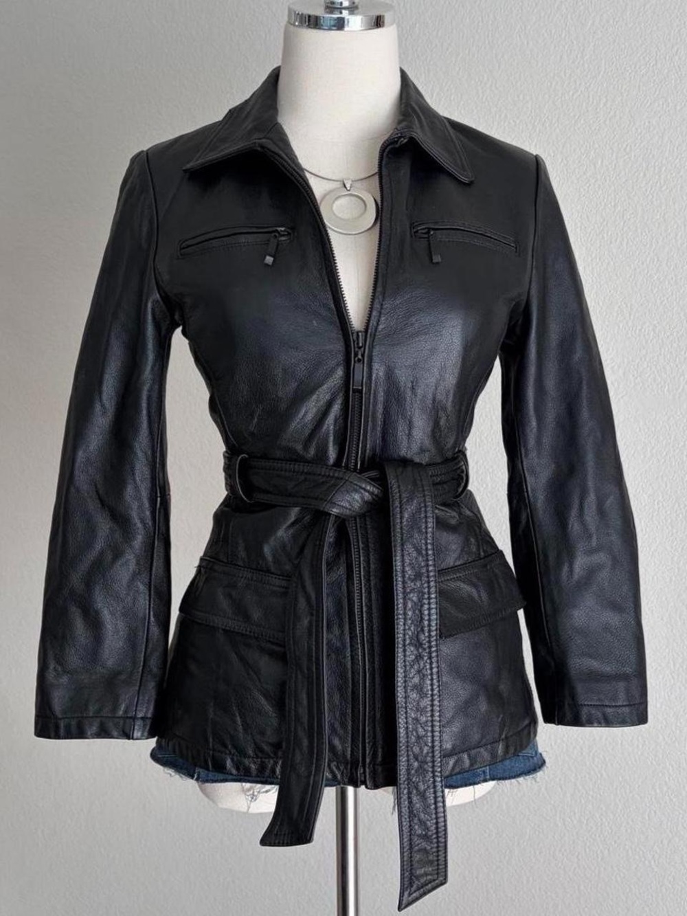 Black Leather Belted Women's Jacket